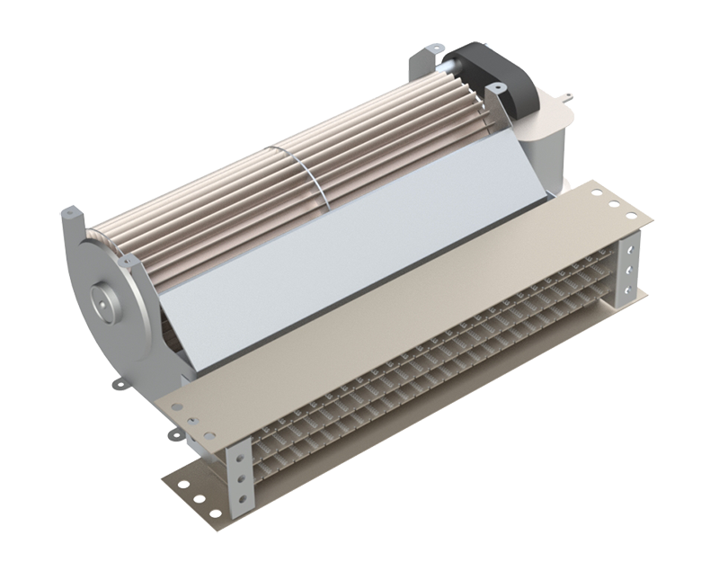 A rendering of a crossflow blower and included heating element for uniform airflow in a wide horizontal area Crossflow Blower Heater: Uniform Wide-Air Heating